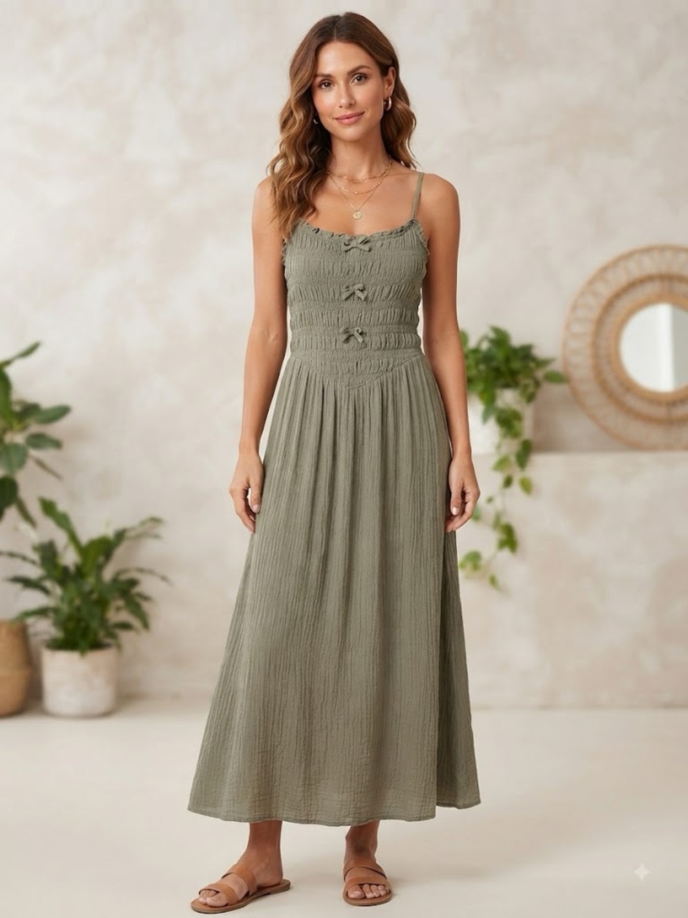 American Eagle size M Smocked Bodice Spaghetti Strap Maxi Dress - Olive Green